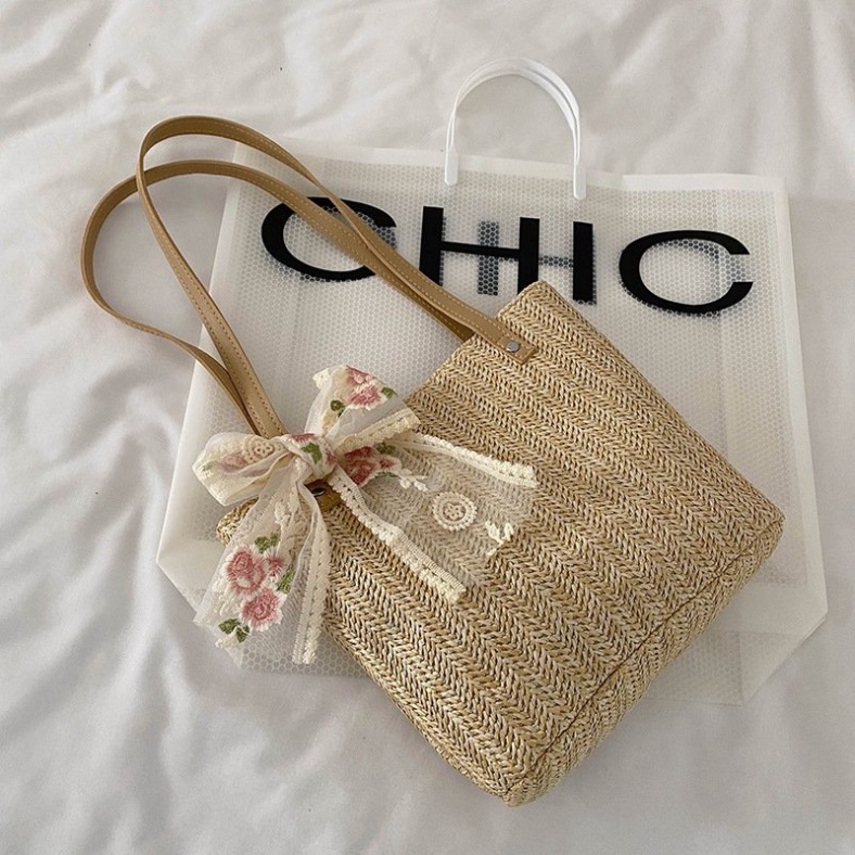 Túi cói Đi Biển Du Lịch nơ hoa hồng LUHAZO  phong cách vintage Hàn Quốc Mẫu Mới K3T5-3