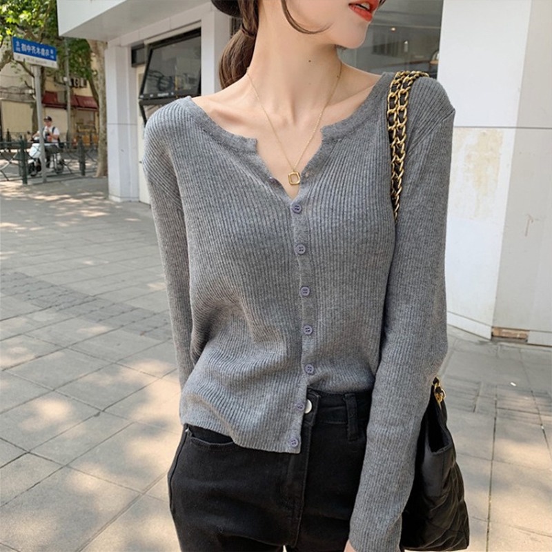 ZHELIHANGFEI Áo Cardigan Dệt Kim Tay Dài Cổ Chữ V Lưng Cao Thời Trang Trẻ Trung