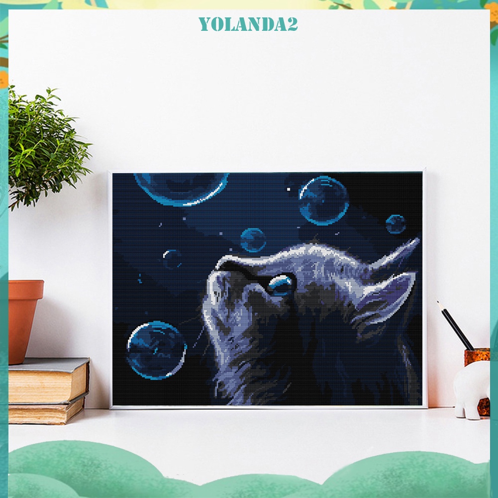 Tranh thêu chữ thập 14CT hình mèo đêm toàn bộ