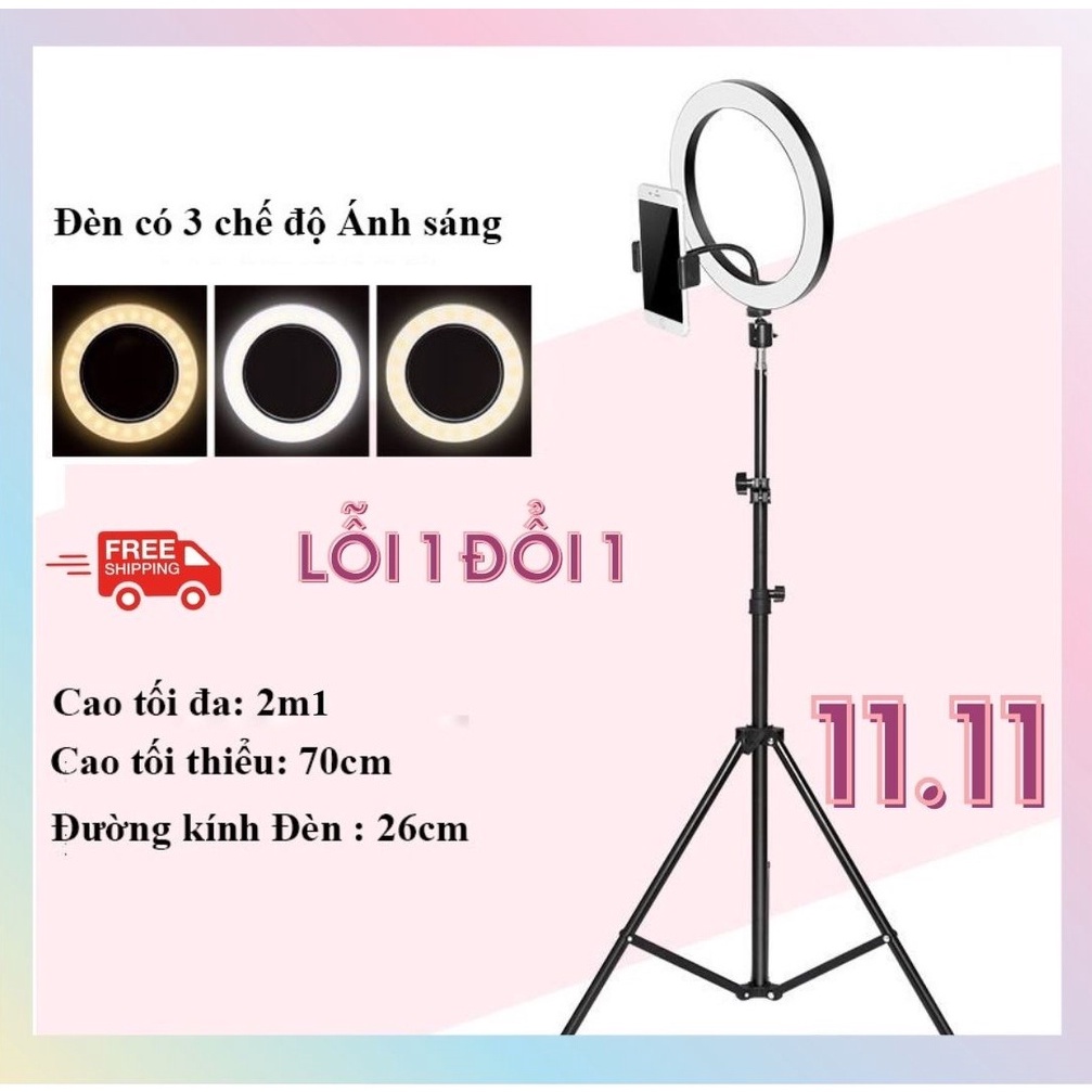 Đèn Livestream Size 26cm Và Chân 2m1 Hỗ Trợ Chụp Ảnh Make Up Trang Điểm Nhiều Chế Độ Sáng