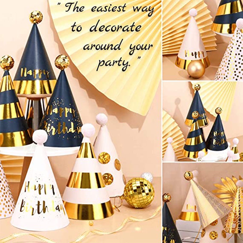 Set 12 Nón Giấy Sinh Nhật Màu Vàng Đen Đính Bóng Lông Trang Trí Cho Bé