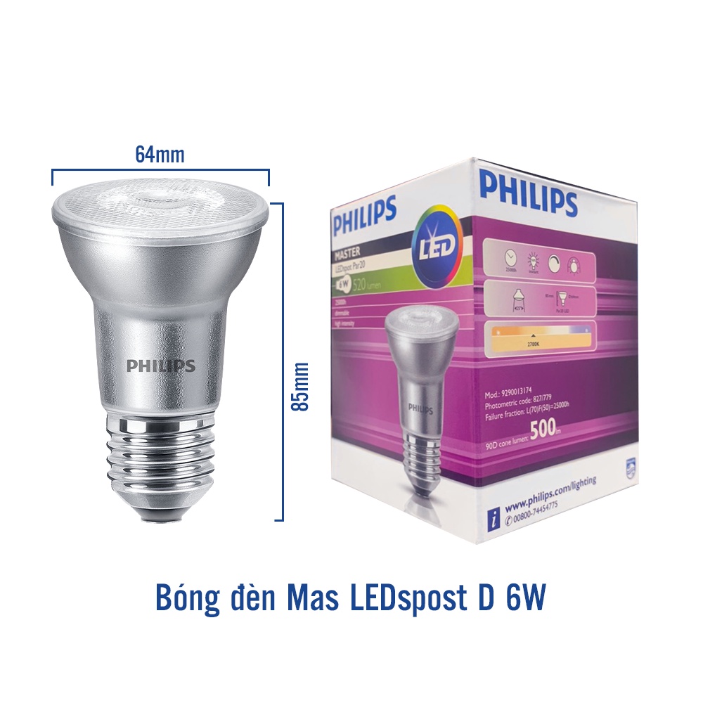 Bóng đèn Philips MAS LEDspot D 6-50W E27 827 PAR20 25D - Màu ánh sáng vàng 2700K (01 bóng)