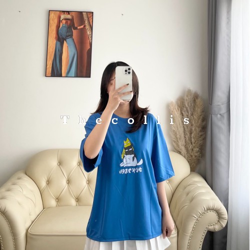 Áo thun nữ / Áo phông nữ tay lỡ form rộng freesize màu xanh in hình mèo dễ thương