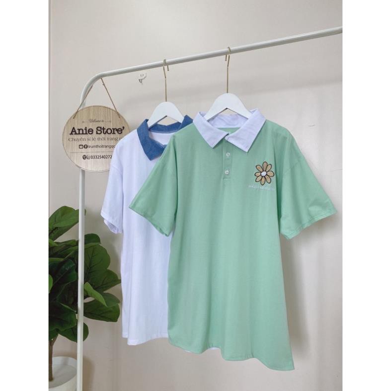 Áo Phông Polo Nữ Thêu Hoa Cúc,🌼 Thaovystore<FREESHIP> 🌼, Áo Thun Cotton Cổ Bẻ Cúc Cài,Phông Dáng Rộng 2 Màu TRẮNG XANH