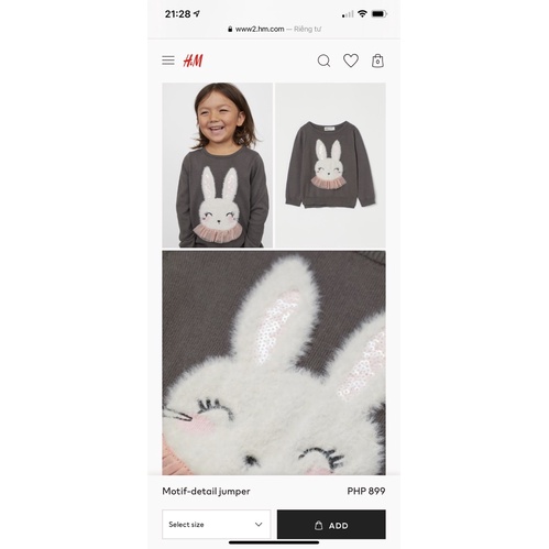 Áo Len Bé Gái Thỏ Nhung Xám Nâu HaM