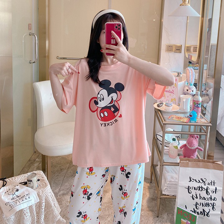 [HỖ TRỢ PHÍ SHIP_THUN COTTON] Bộ đồ thun mặc nhà Mickey, đồ bộ thun cotton mềm mại, thấm hút tốt, quần dài, áo tay ngắn | BigBuy360 - bigbuy360.vn