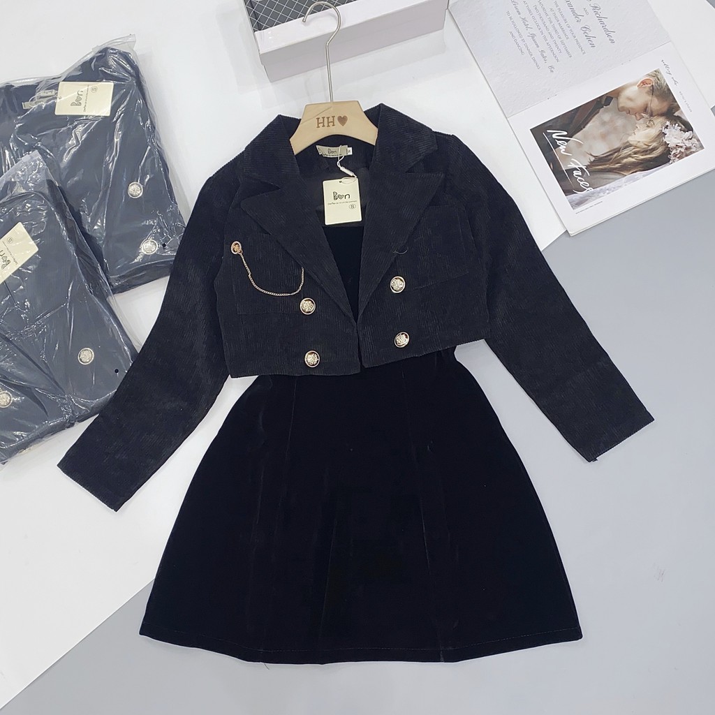 Sét Váy Áo Khoác Nhung Cổ Vest + Váy 2 Dây Body | BigBuy360 - bigbuy360.vn