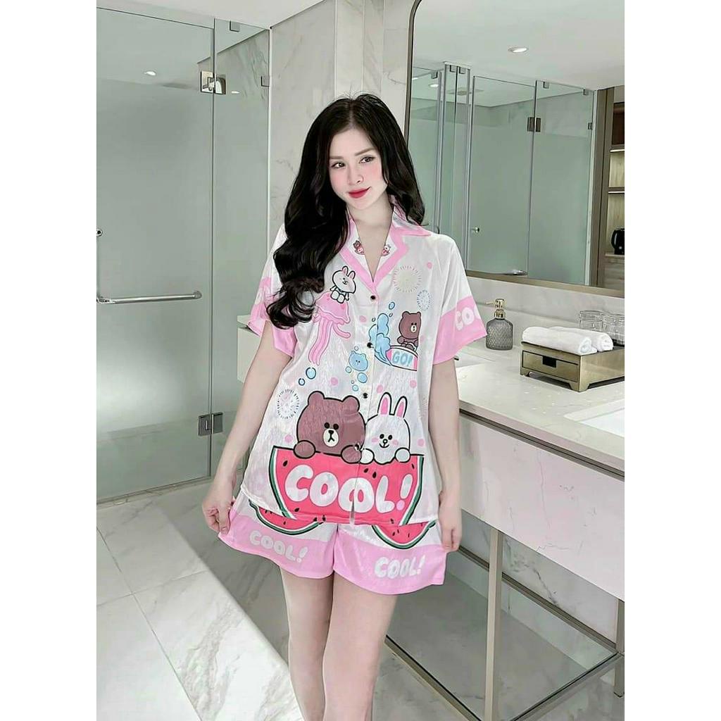 Bộ đồ ngủ pijama lụa xước cao cấp áo cộc - quần đùi nhiều mẫu