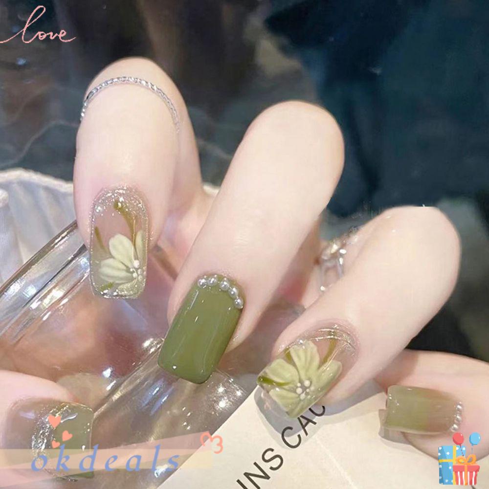Set 24 Móng Tay Giả Che Phủ Toàn Diện|Móng Tay Giả Loại Trung Bình Màu Xanh Lá