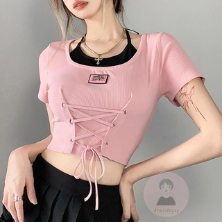 Áo thun nữ ngắn tay cổ đan dây độc đáo