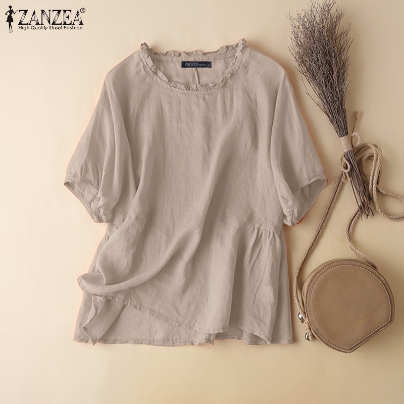 Áo kiểu  ZANZEA cổ tròn tay lửng màu trơn phong cách vintage cho nữ