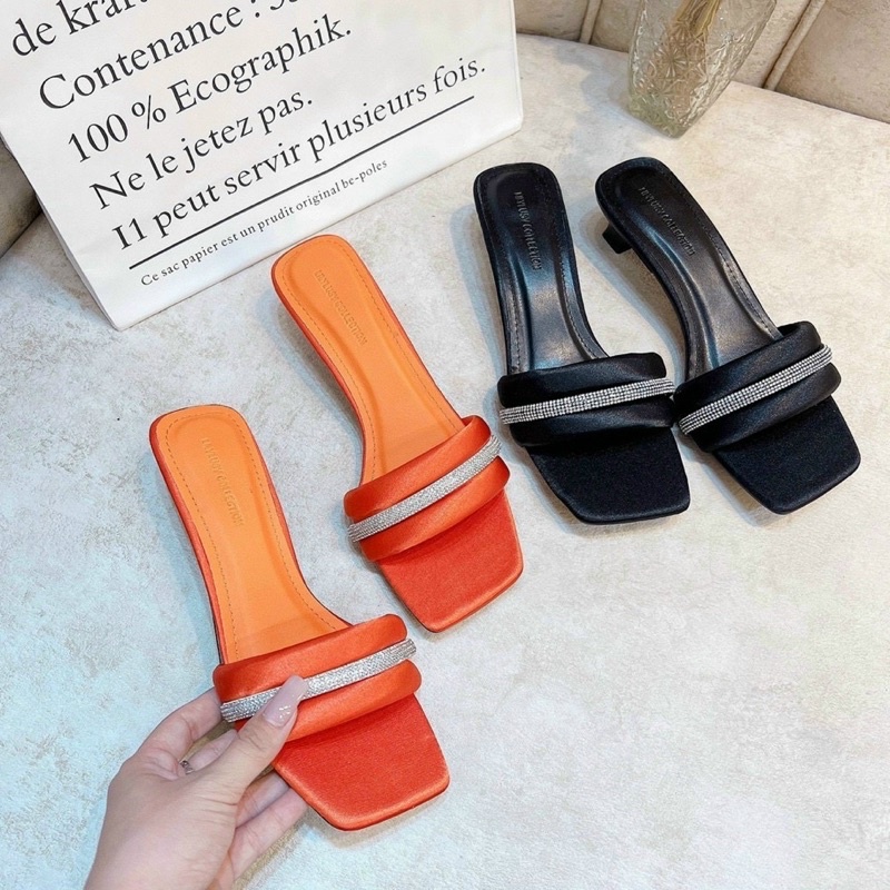 Guốc lụa quai phối đá viền giữa gót ú 2 cm