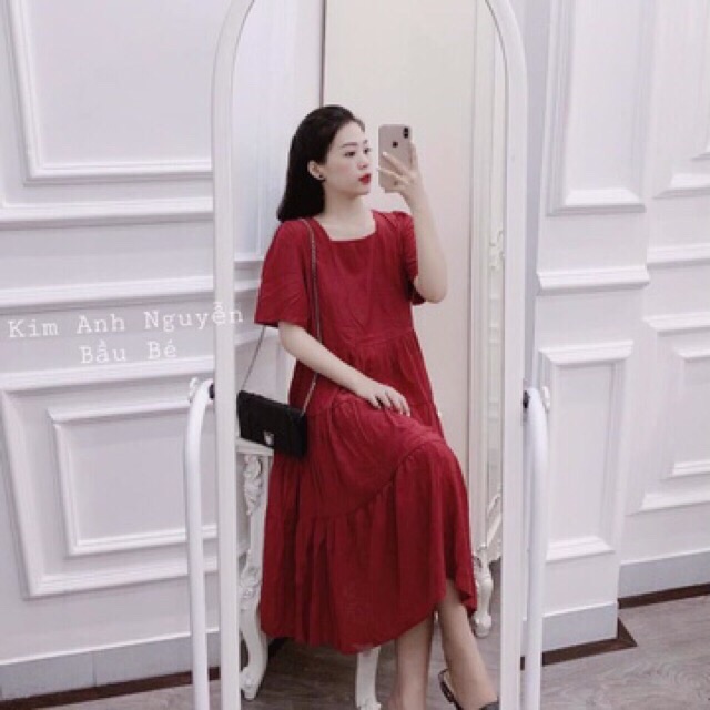 Váy bầu xinh thiết kế công sở chất lụa màu đỏ(kèm video)Đầm bầu thời trang dáng dài VB3