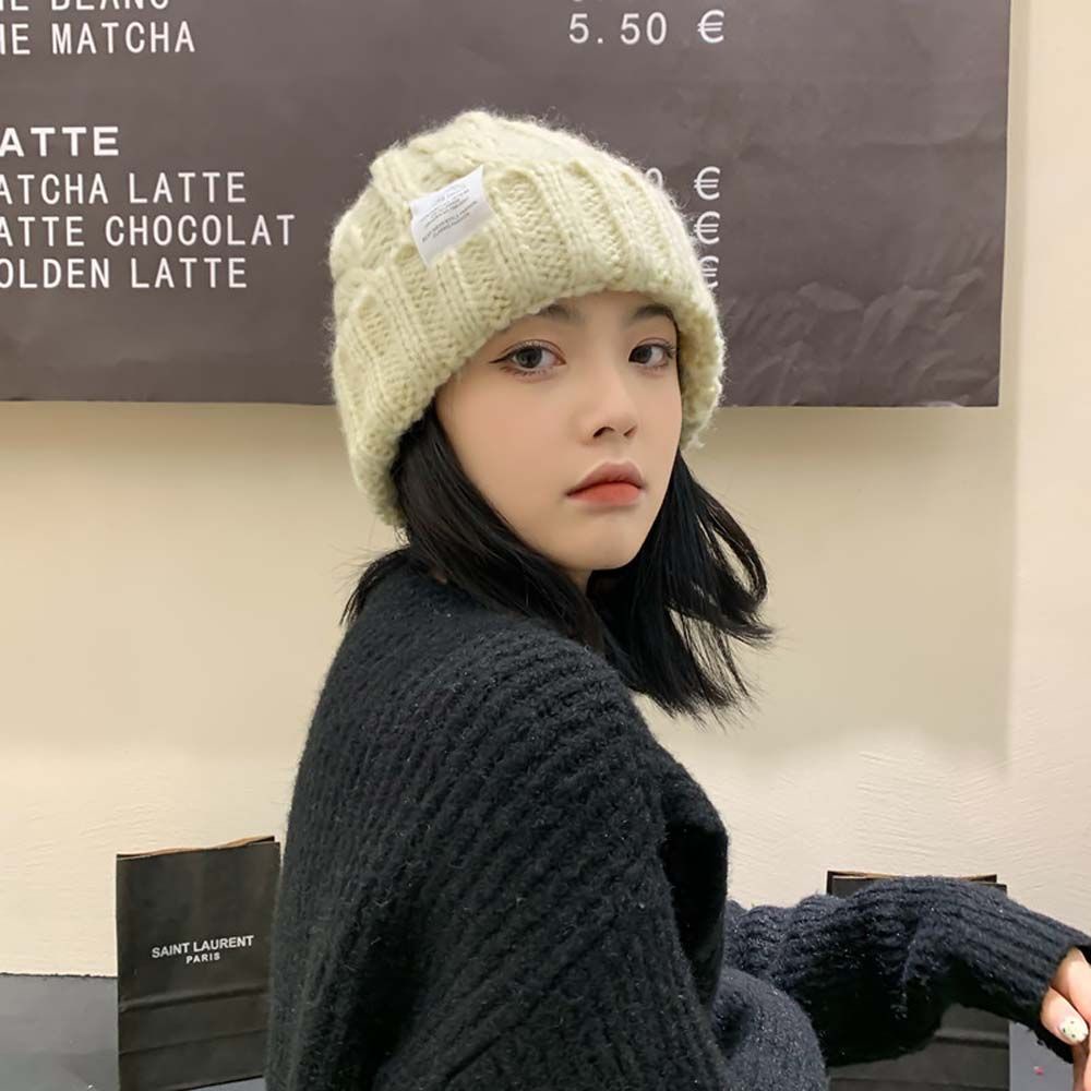 Mũ beanie dệt kim màu trơn phối chữ thời trang Hàn Quốc mùa đông dành cho nữ