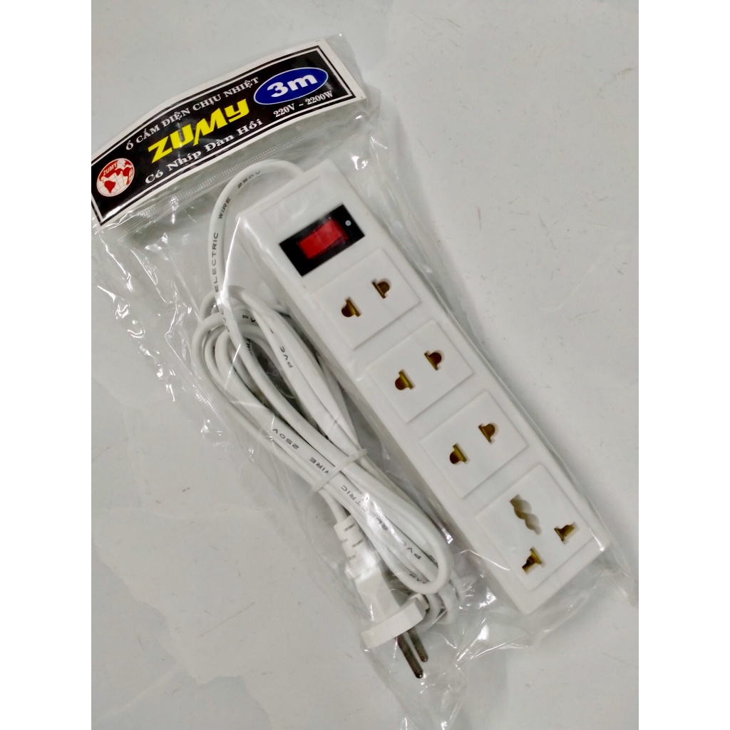 Ổ cắm điện ZUMY 4 lỗ, công suất 2200W - dây dài 3m - có công tắc