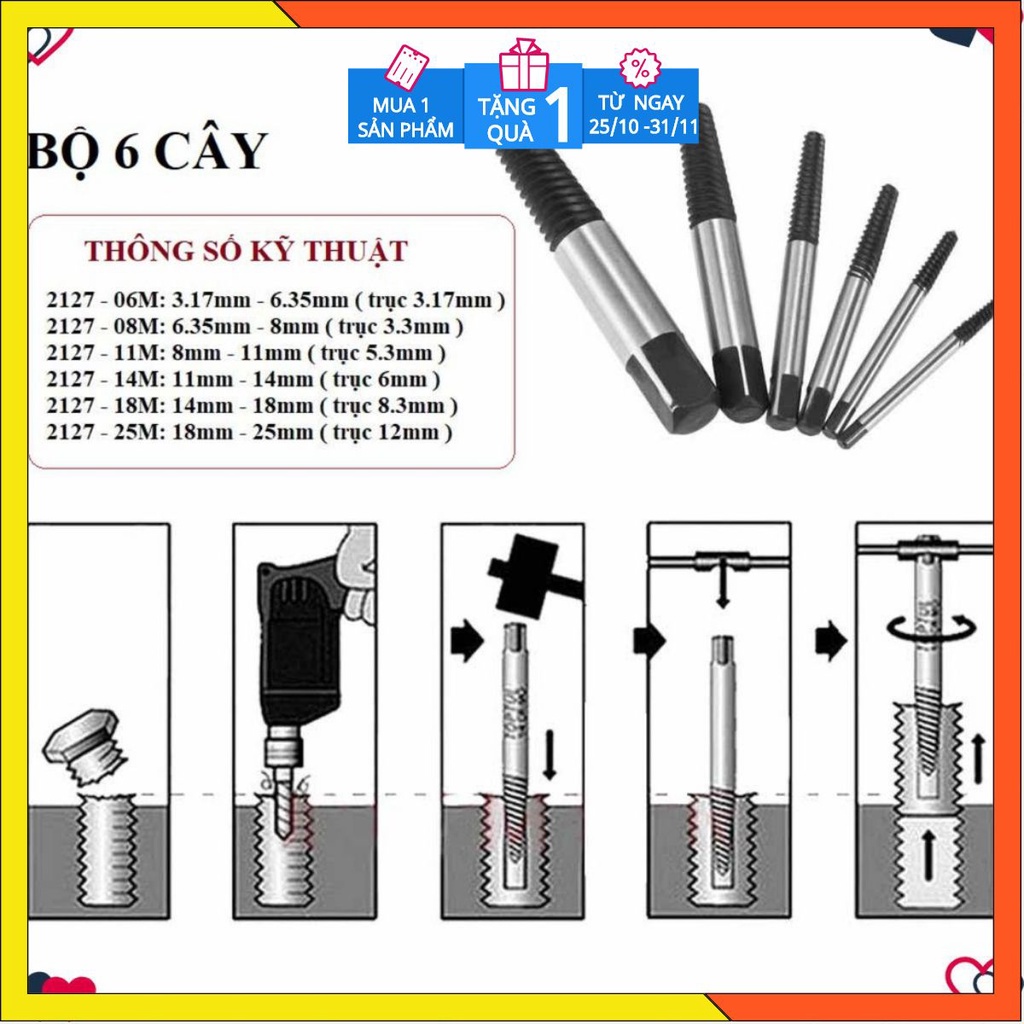 Bộ tháo ốc vít bị gãy 6 món  xtools taro ren trái  hàng chất lượng cao