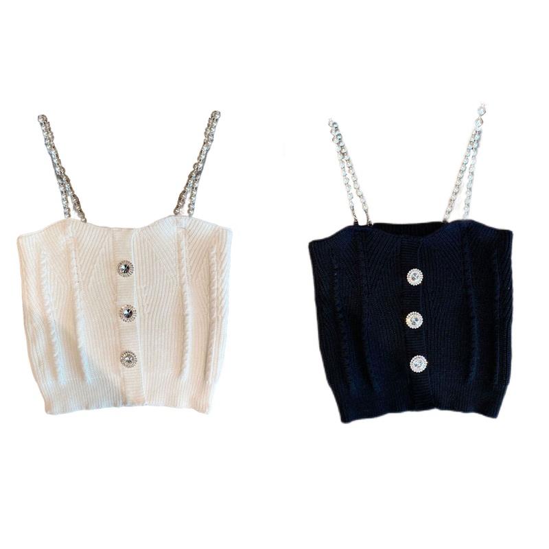 Áo Croptop Hai Dây Dệt Kim Dáng Ôm Đính Đá Phối Nút Ngọc Trai Thời Trang Cho Bạn Gái