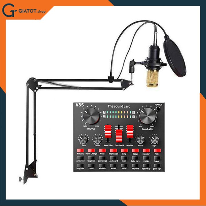 Trọn bộ sound card âm thanh V8S micro thu âm BM900 kẹp mic màng lọc dây livestream