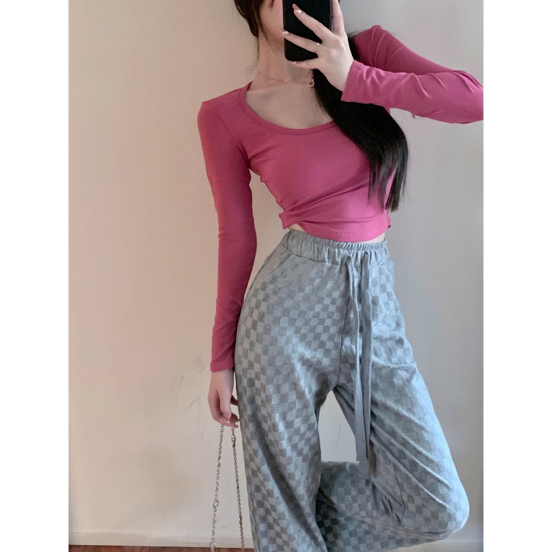 Áo thun COZOK ôm cổ chữ u tay dài màu hồng gợi cảm cho nữ