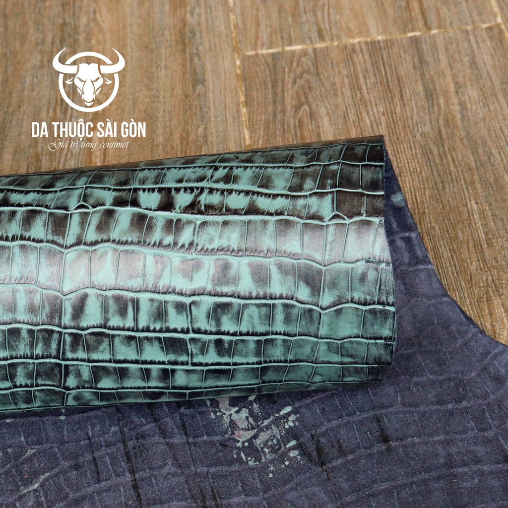 10 Pia da bò dập vân cá sấu wax phấn màu xanh đá thương hiệu Da Thuộc Sài Gòn - Da bò thuộc bán lẻ