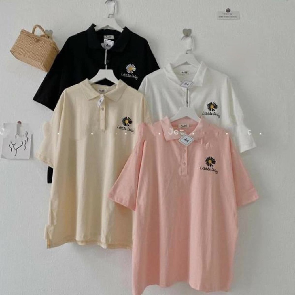 Áo Polo Thun Form Rộng Chất Liệu Mềm Mát Nhẹ Nhàng Phong Cách Quý Tộc In Hình Hoa Cúc Đen Kèm Chữ Siêu Đẹp TTQ0280