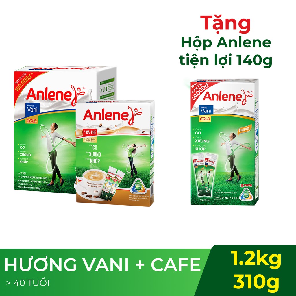 [Tặng 1 hộp Anlene hương Vani 140g] Combo Sữa Bột Anlene: 1 hộp Gold Movepro Hương Vanilla 1,2Kg+1 hộp hương Cà phê 310g