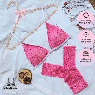 ❤️ Bộ đồ lót ren bralette không gọng mút mỏng họa tiết chấm bi hồng ❤️