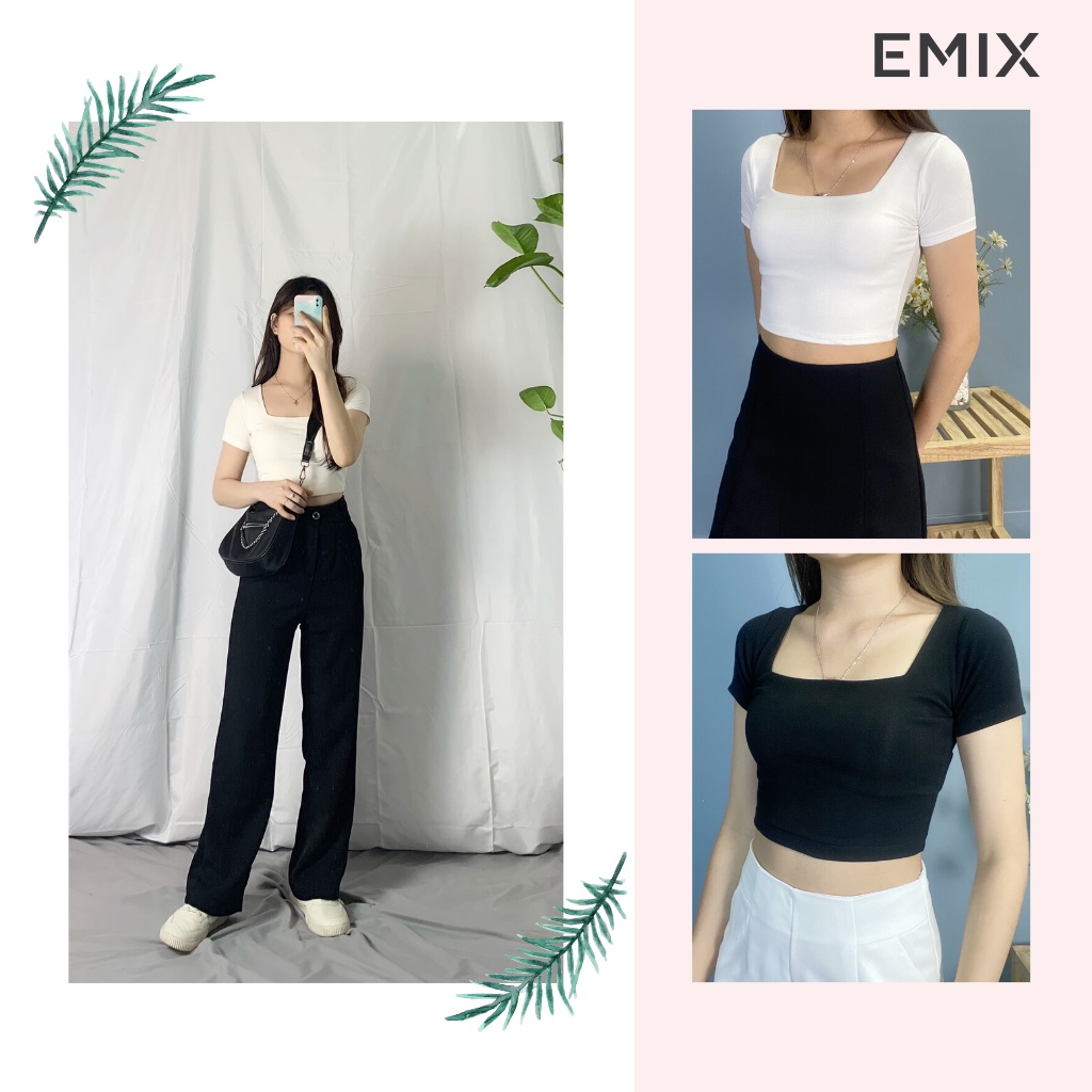 Áo thun croptop nữ EMIX (2 màu), dài 40cm, ngắn tay, cổ vuông, ôm eo, chất díp co giãn, mềm mát, tôn dáng A205