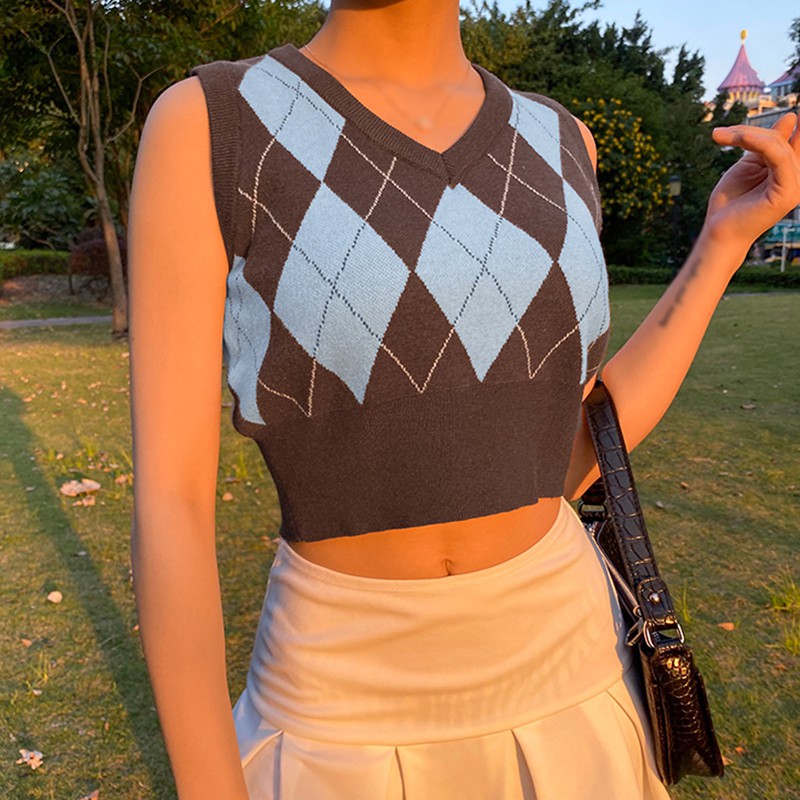Áo không tay dệt kim cổ chữ v màu tương phản phong cách retro cổ điển Hàn Quốc