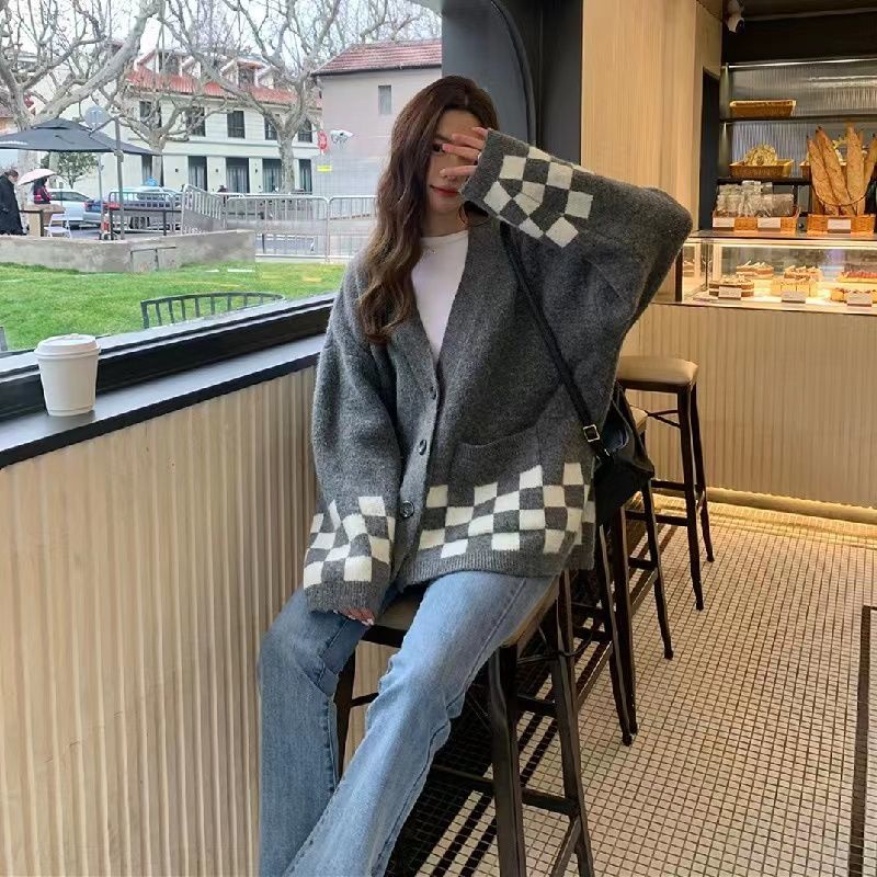 Áo Khoác Cardigan Dệt Kim Cổ Chữ V Form Rộng Thời Trang Thu Đông Hàn Quốc Mới