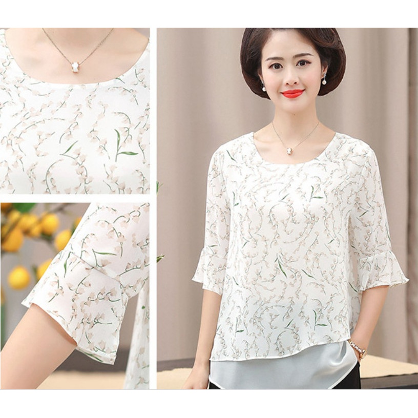 Áo Kiểu Hoa Trung Niên Mềm Đẹp Cho Mẹ SM65 - Hàng Quảng Châu Cao Cấp
