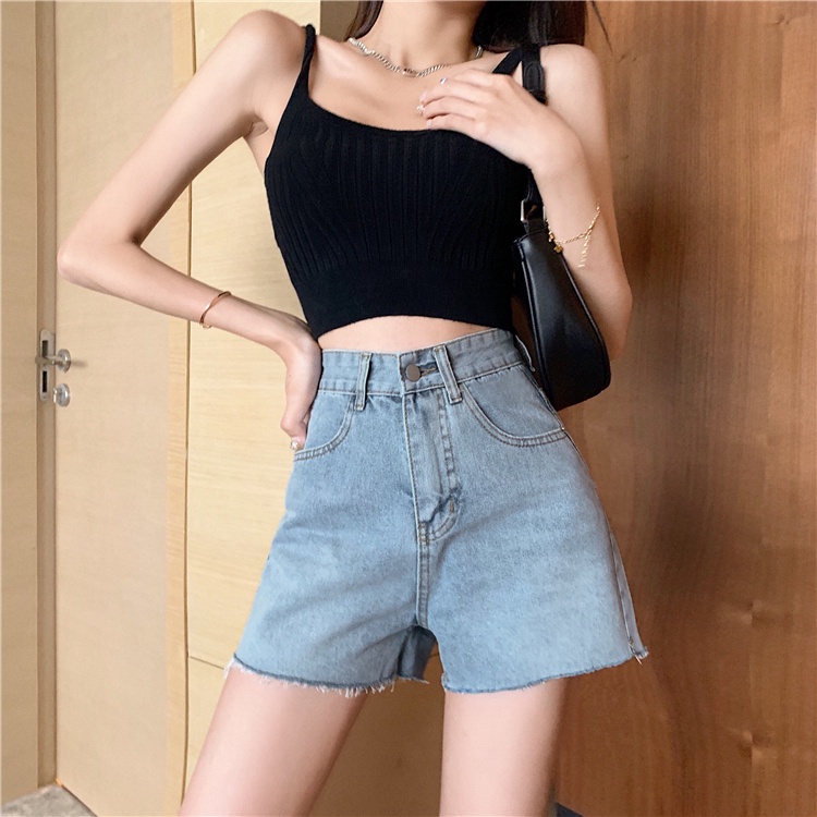 Quần Short Denim Lưng Cao Ống Rộng Theo Phong Cách Retro Hàn Quốc