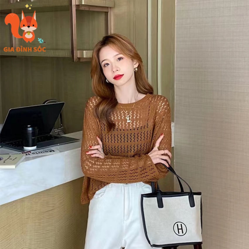 Áo Sweater dệt kim mỏng tay dài, dáng rộng phong cách Hàn Quốc