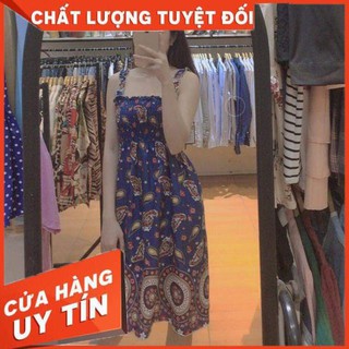 Váy lụa hoạ tiết retro - màu xanh