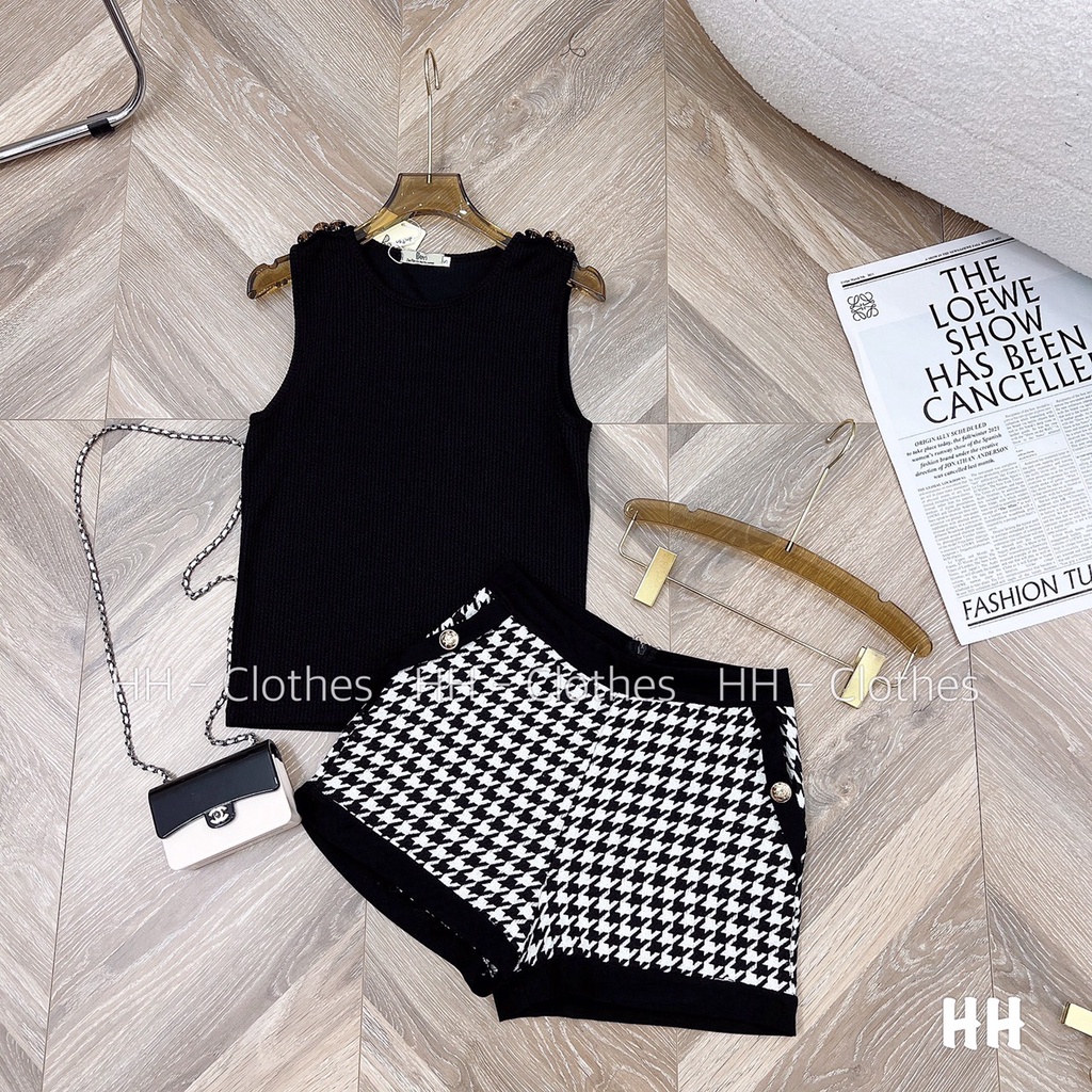 Set bộ nữ áo tăm croptop nút vai mix quần dạ ziczac thời trang sang chảnhI Trần Hân Shop 4012423