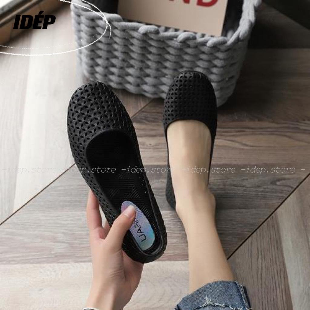 𝐢𝐃é𝐩 𝐆𝐋𝟎𝟕𝟓 Giày nhựa đi mưa, công sở cho Nữ - Giày búp bê lỗ lưới vảy cá thoáng khí êm chân chống trượt - Giày thuyền nữ