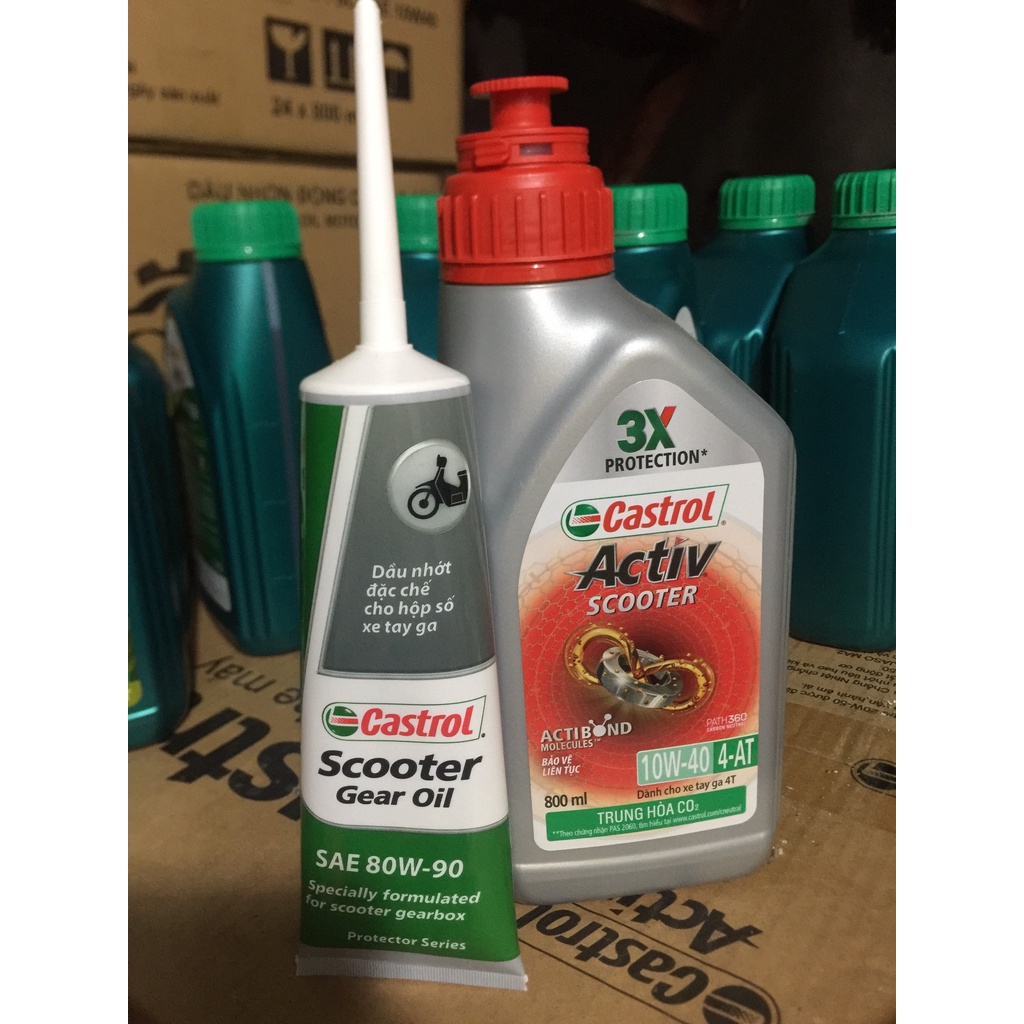 COMBO Nhớt Tay Ga CASTROL ACTIV SCOOTER 10W40 0.8 L+ Nhớt Lap Castrol 120Ml