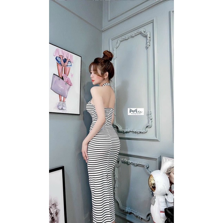 Đầm yếm ôm body maxi sọc ngang hở lưng sexy cực hot , chất thun gân mềm mịn