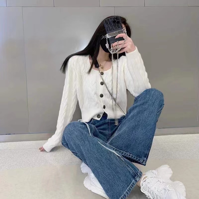 Áo cardigan dệt kim ZHELIHANGFEI tay dài cổ vuông lưng cao thiết kế dễ thương sáng tạo