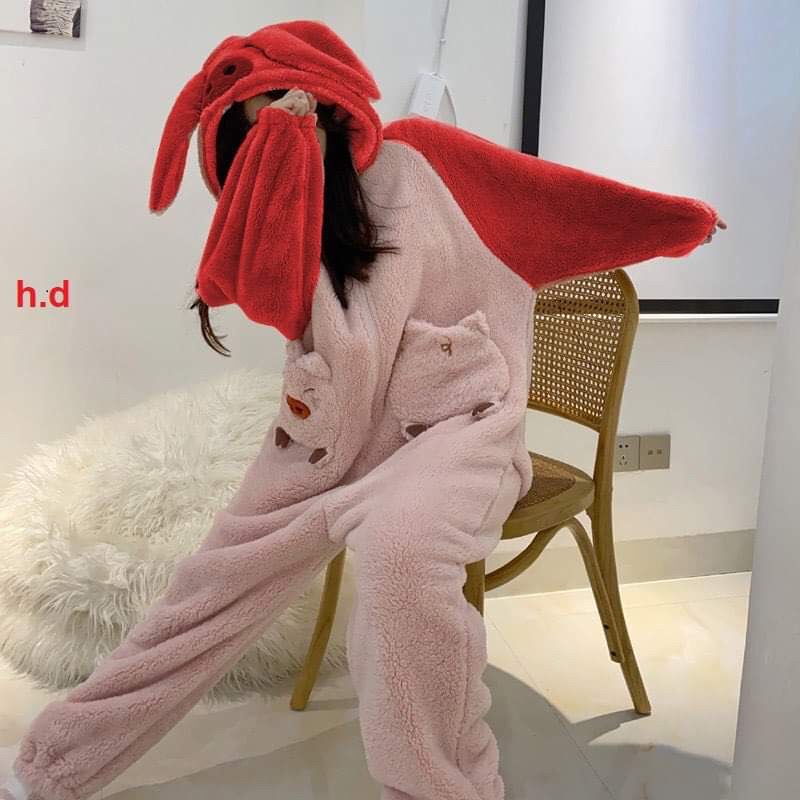 Bộ đồ ngủ mùa đông lông cừu giữ nhiệt tốt Thêu Hình Lợn connhung bông mềm mịn bộ lông cho nữ siêu ấm,bộ mặc nhà UNISEX