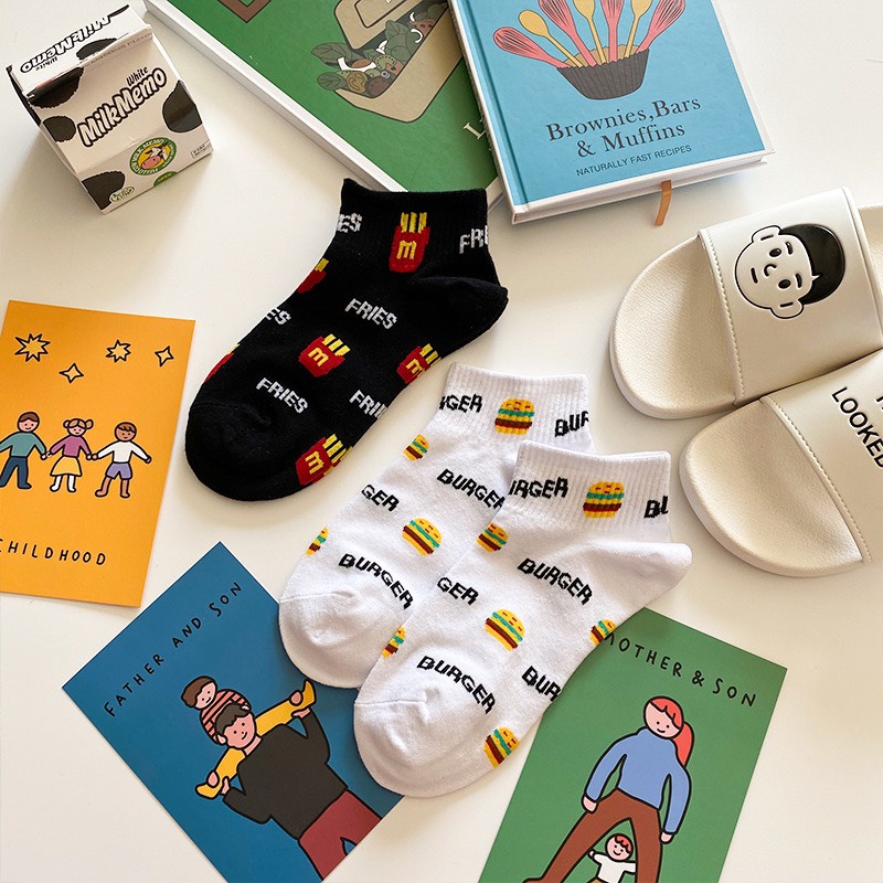 Tất cổ ngắn nam nữ vớ họa tiết fast food  cotton kháng khuẩn thấm hút mô hôi tốt MONEY VN010