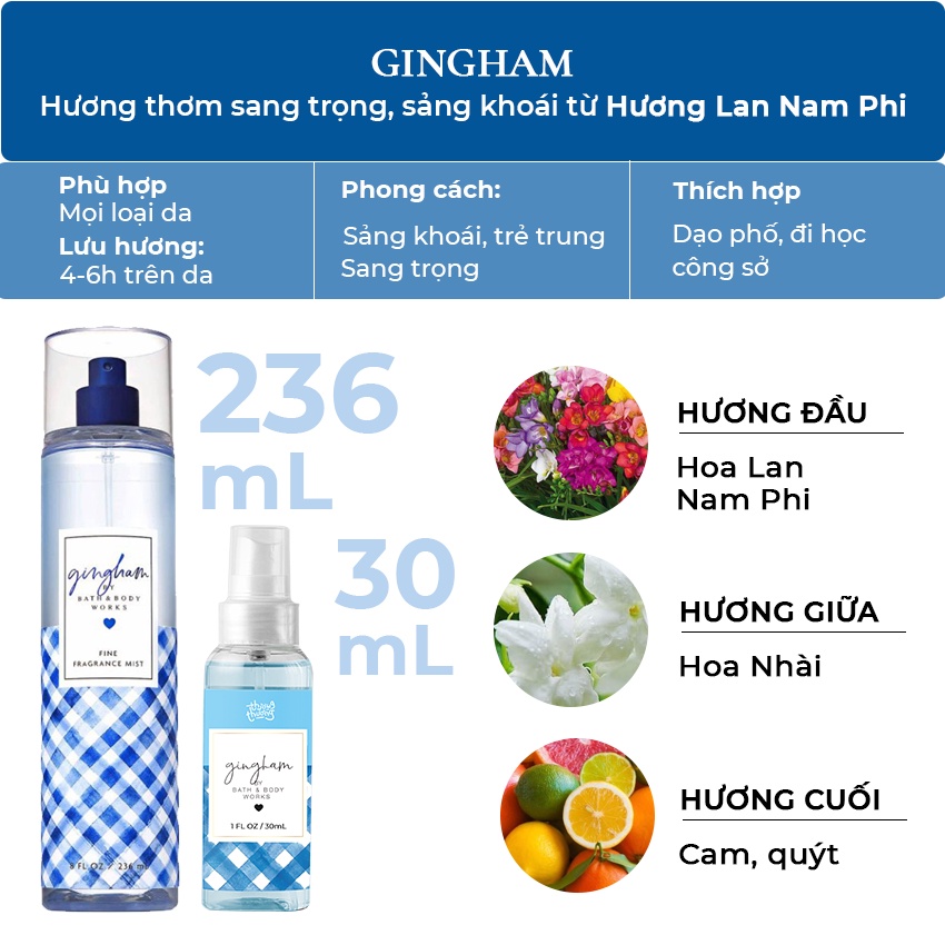 Xịt thơm toàn thân mùi gingham body mist Bath & Body Works  236ml Siêu Thơm Cá Tính, Năng Động Hương Nước Hoa