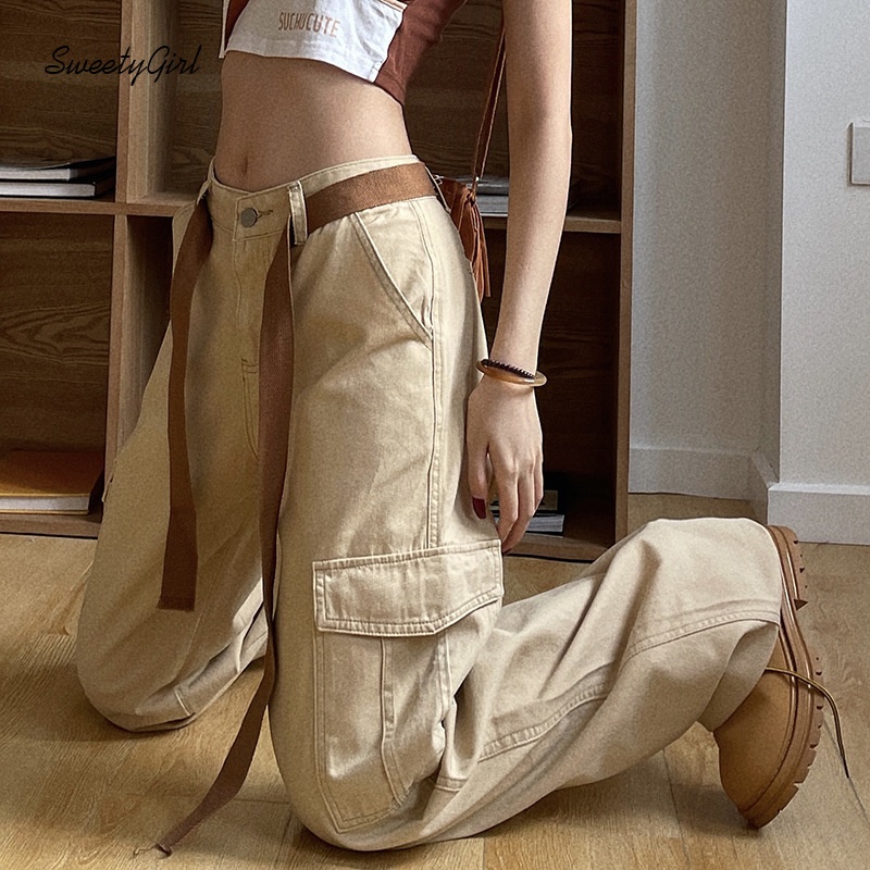 Quần Kaki Lưng Thấp Dáng Rộng Màu Trơn Có Túi Cài Nút Thời Trang 2022 Cho Nữ