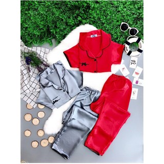Đồ Bộ Pijama Lụa Trơn Nơ [Tay Ngắn Quần Dài]
