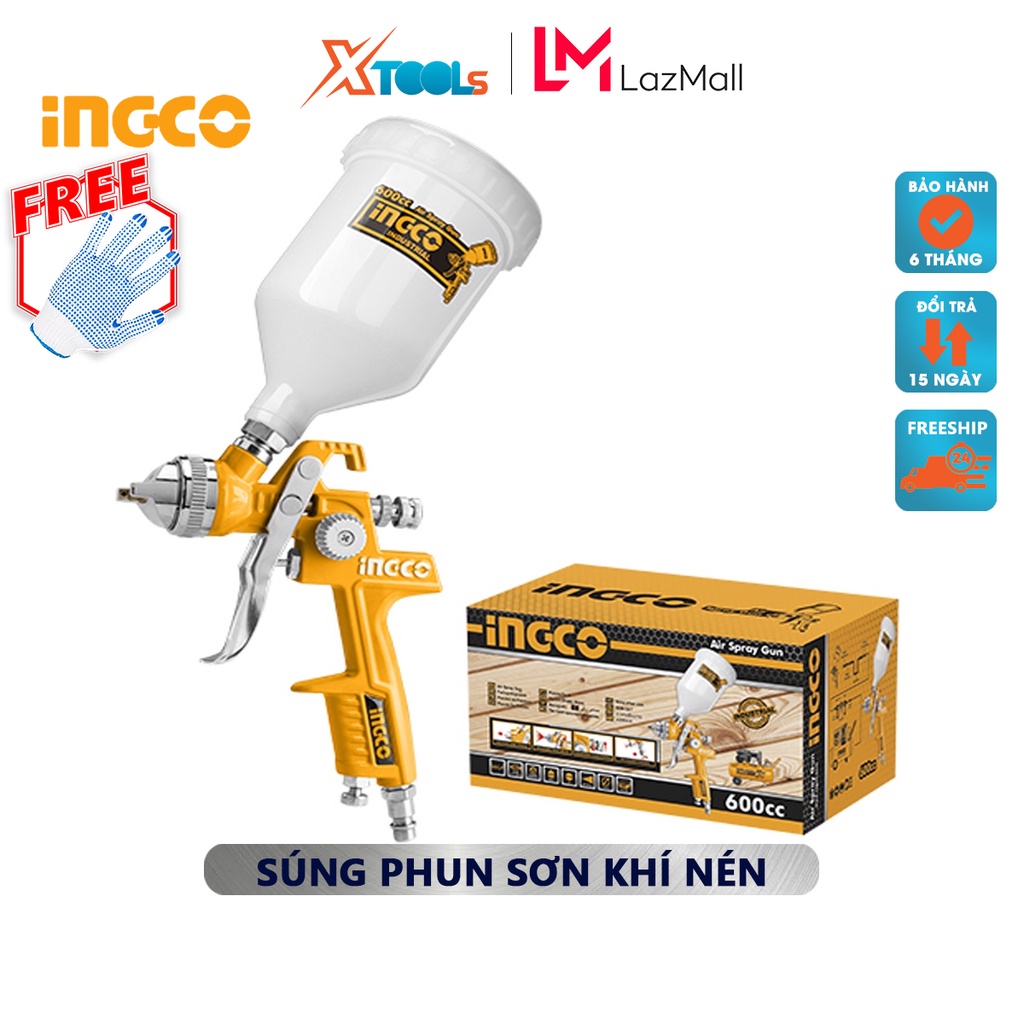 Máy phun sơn khí nén INGCO ASG1061 | súng phun sơn Vòi phun tiêu chuẩn 1,4mm, dung tích bình sơn 600cc phun sơn gỗ, sơn