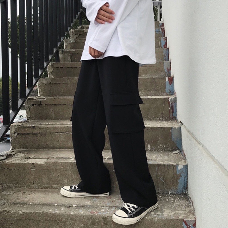 Quần kaki túi hộp ống rộng đen , dáng xuông , phong cách streetwear unisex mix đồ cực ngầu Big Size