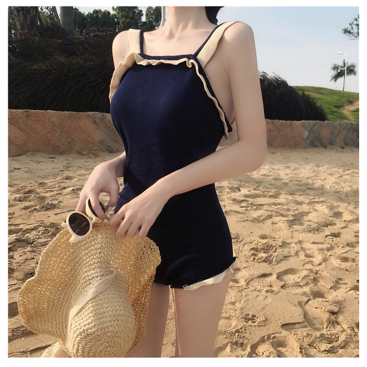 Bikini đồ bơi Hàn Quốc 1 mảnh viền bèo xinh xắn thun gân tăm mềm mịn cực xinh