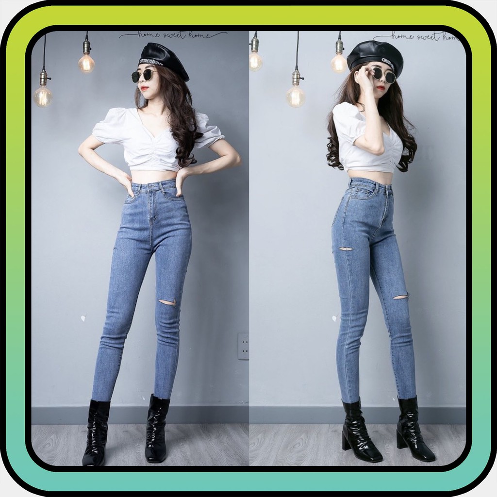 Quần Jean Dài Skinny Dáng Ôm Rách Ngang Gối Cá Tính