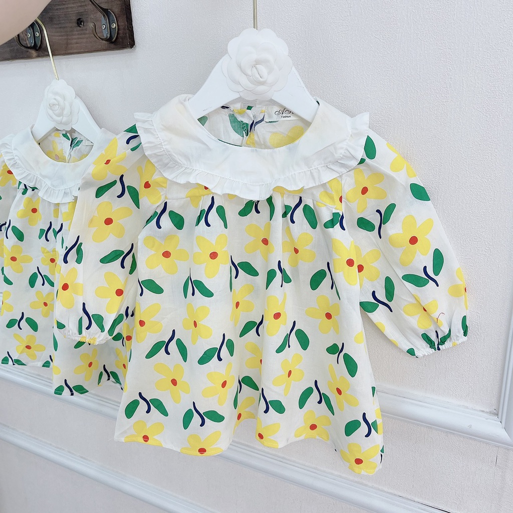 [SALE] Váy Cho Bé Gái Vải Thô Bèo Cổ Hoạ Tiết Hoa Nhí Cực Xinh, Đầm Bé Gái Thu Đông CKVD03