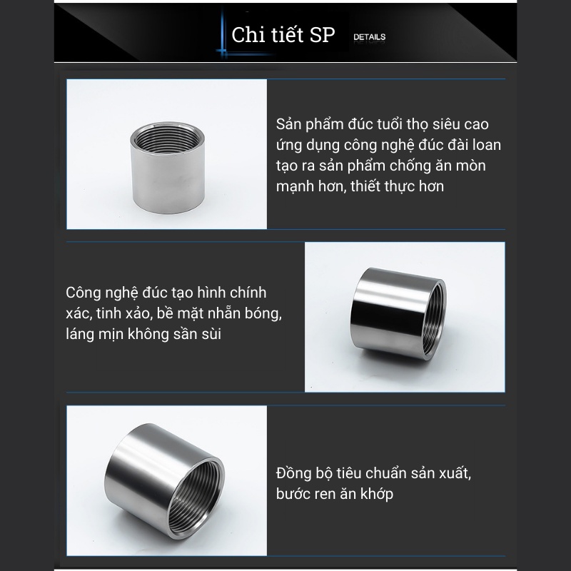 Măng sông inox 304 nối hai đầu ren trong có đầy đủ kích cỡ, sản phẩm có thể hàn chịu áp lực cao